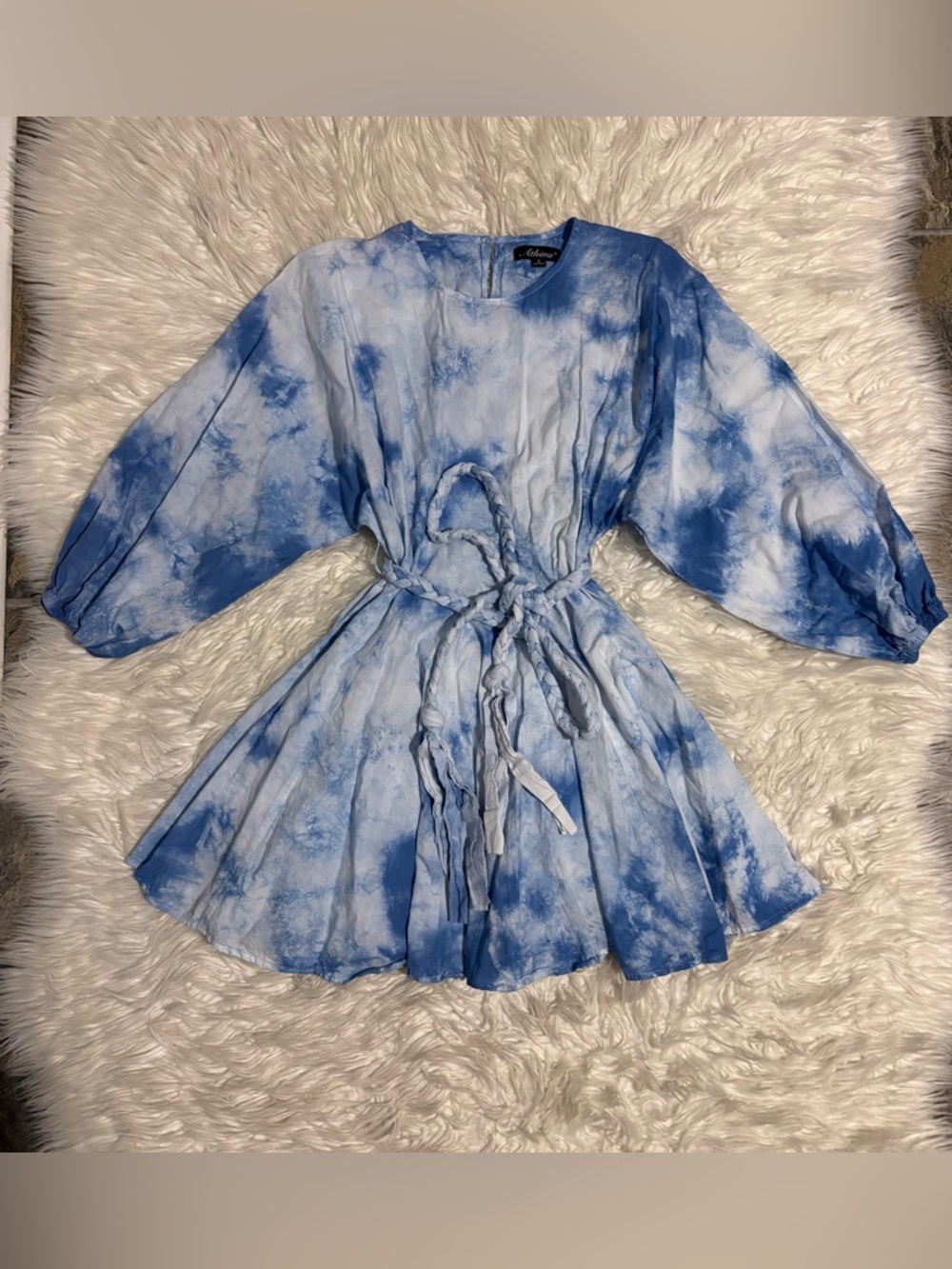 Athina Blue and white Tie-Dye Waist Tie Mini Dress